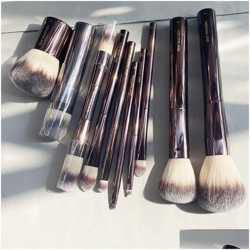 hourglass makeup brushes set - 10-pcs powder blush eyeshadow crease concealer eyeliner smudger dark-bronze metal handle cosmetics