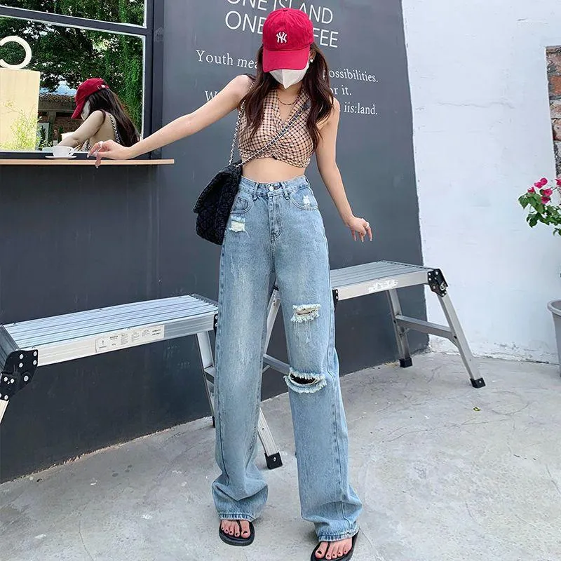 Jeans femme bleu petit ami taille haute déchiré femmes Baggy jambe large Vintage maman Y2K mignon Denim pantalon pantalon avec trous