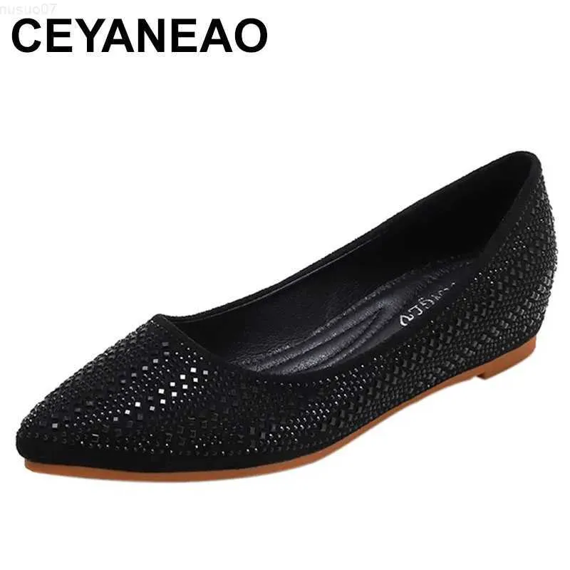 Elbise ayakkabı boyutu 36-42 Kadınlar Point Toe Ballet Flats Ayakkabı Kadın Bling Pırlanta Sıradan Ayakkabılar Slip-On Loafers Ofis Leydi Düşük Topuk Ayakkabıları L230721