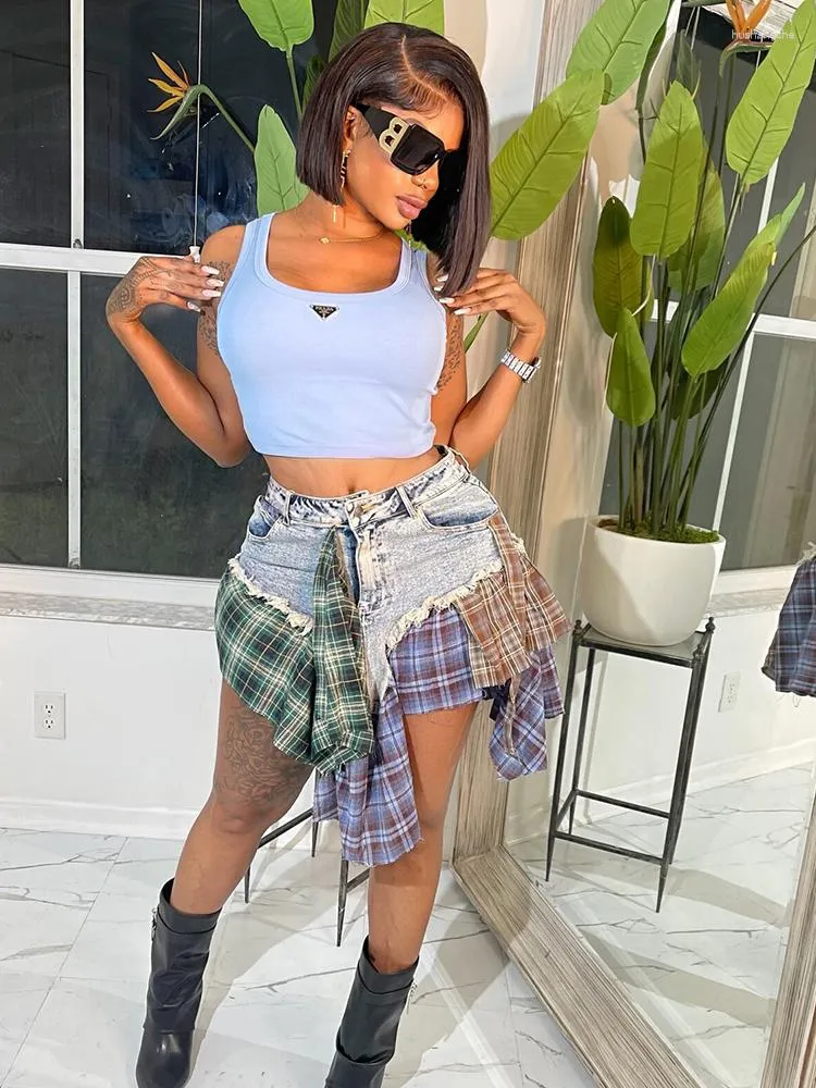 Skirts Weird Puss Plaid Patchwork Women Denim Skirt Irregular Non