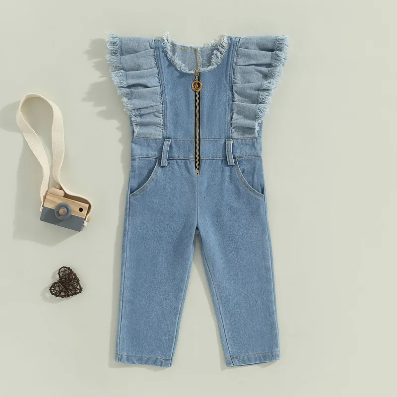 Barboteuses -02-20 Lioraitiin 0-6ans Toddler Kids Girls Denim Jumpsuits Patchwork Fly Sleeve Zipper-Up Ceinture Loop Romper Playsuits 230720