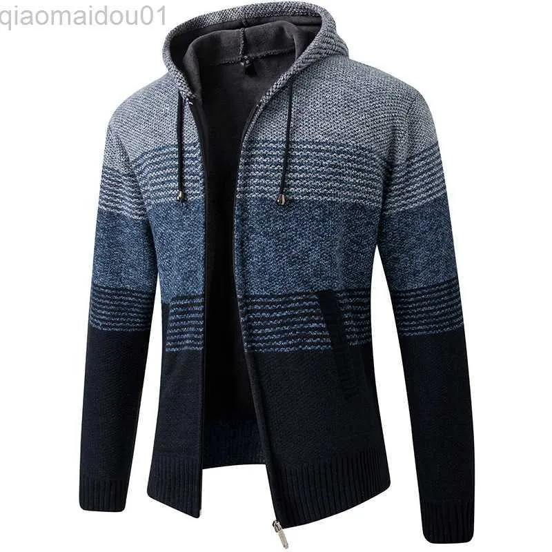 Herrjackor Autumn Winter Men's Hooded Sweater Jacket Warm Cashmere Casual Wool Zipper Slim Fleece Cardigan Men Coat Knitwear Sweater Men L230721