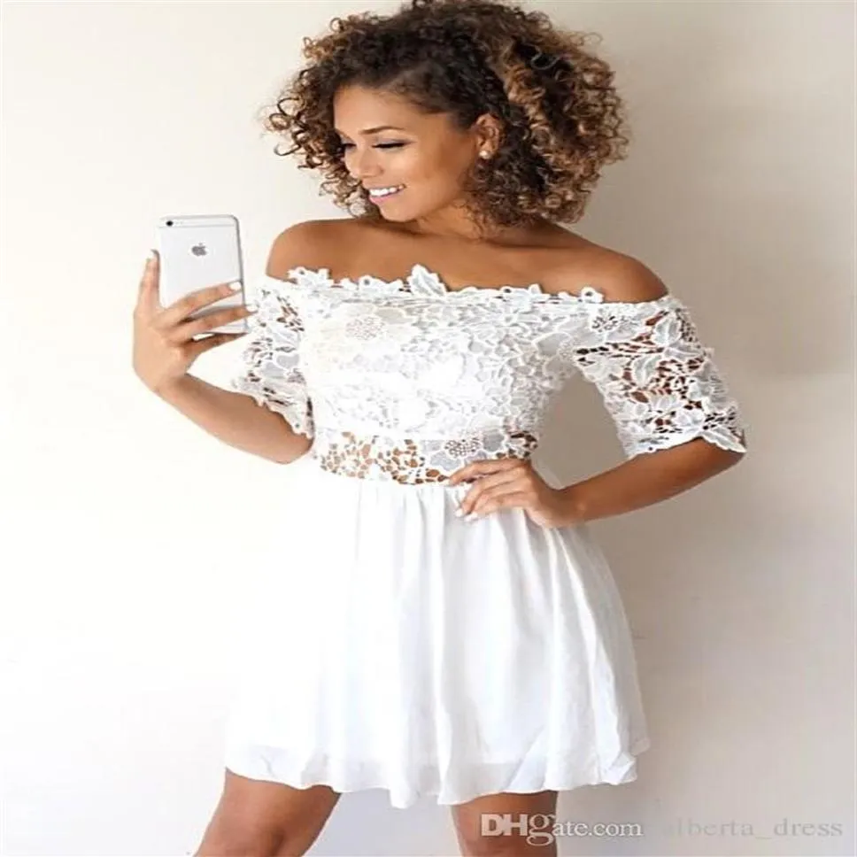 Little White Lace Chiffon Homecoming Dresses Short Sleeves A Line Cocktail Party Dress310a