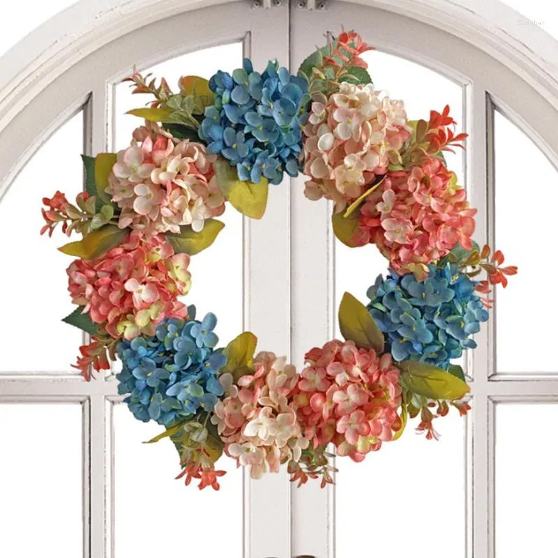 Fleurs décoratives Couronne de fleurs roses et bleues Simulation d'hortensia blanc artificiel Porte polychrome 15,75 pouces pour décor de jardin