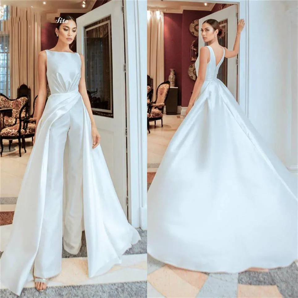 Satin jumpsuit Wedding Dresses Bridal Gowns 2021 with Overskirt Bride Reception Beach Garden Women Pant Suits Vestido De Noiva3109