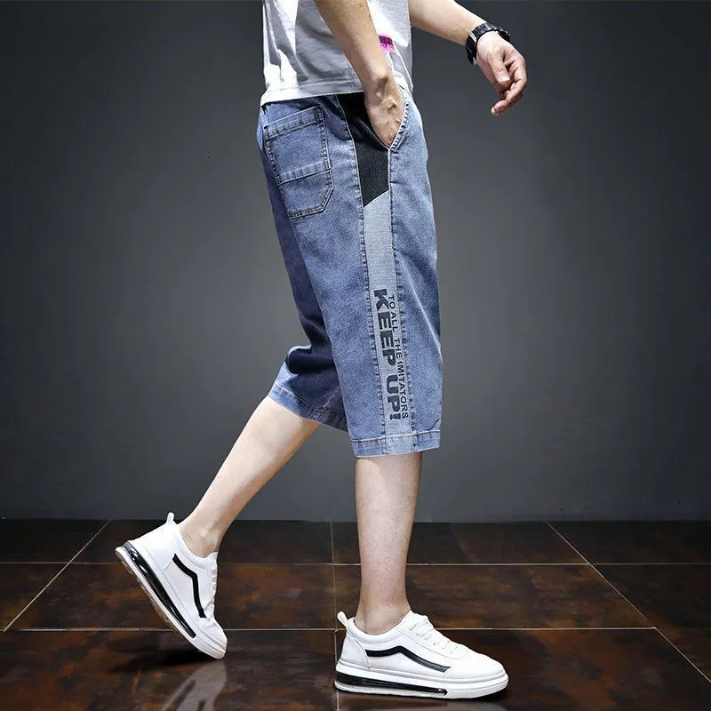 Herren Shorts Half Cargo Male Denim Shorts Lang Gerade mit Taschen Knielang Bermuda Stretch Streetwear Retro Cut Herren Kurze Jeans Hosen 230720