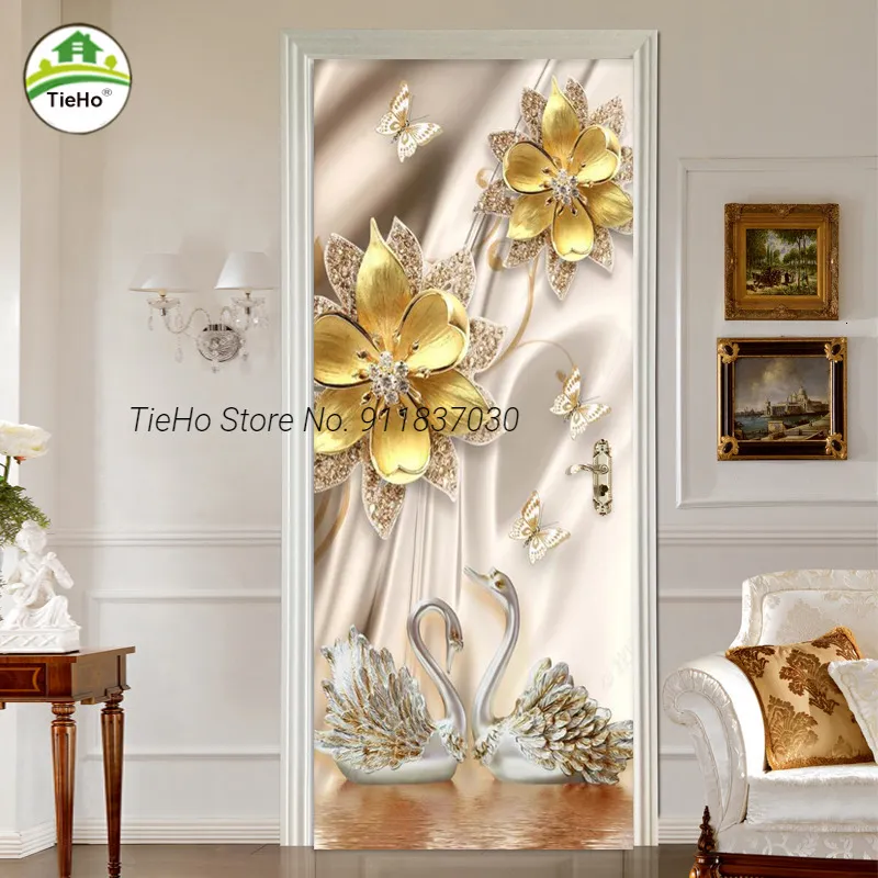 Adesivos de parede estilo europeu adesivo de porta 3D flores cisne PVC autoadesivo quarto el decalques papel de parede de luxo 230720