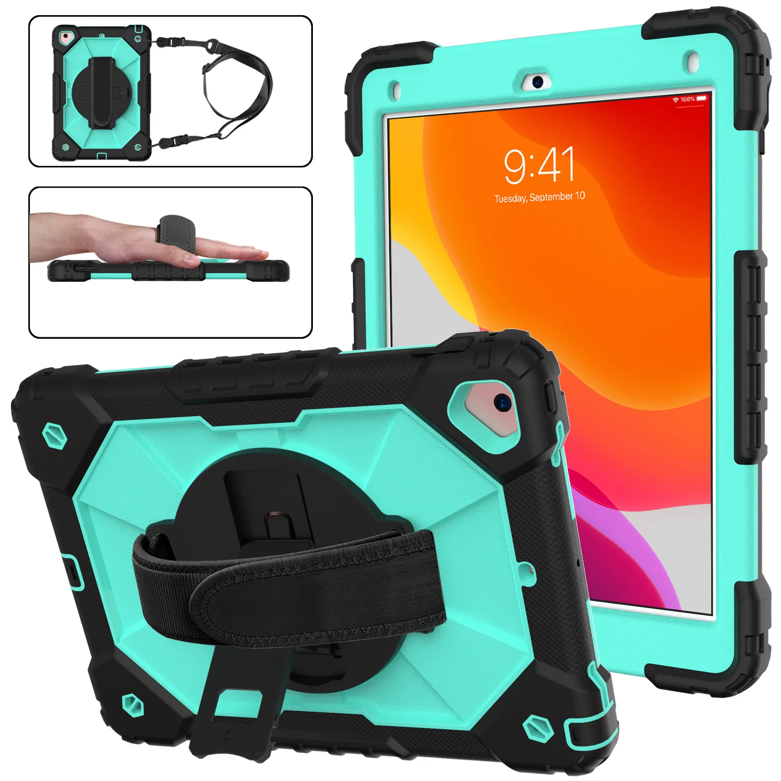 Rotating Tablet PC Cases for iPad 9.7 6 Pro 9.7 Silicone Plastic Hybrid Kickstand Rugged Armor Full Protection Anti-shock Cover with Handle Long Shoulder Strap