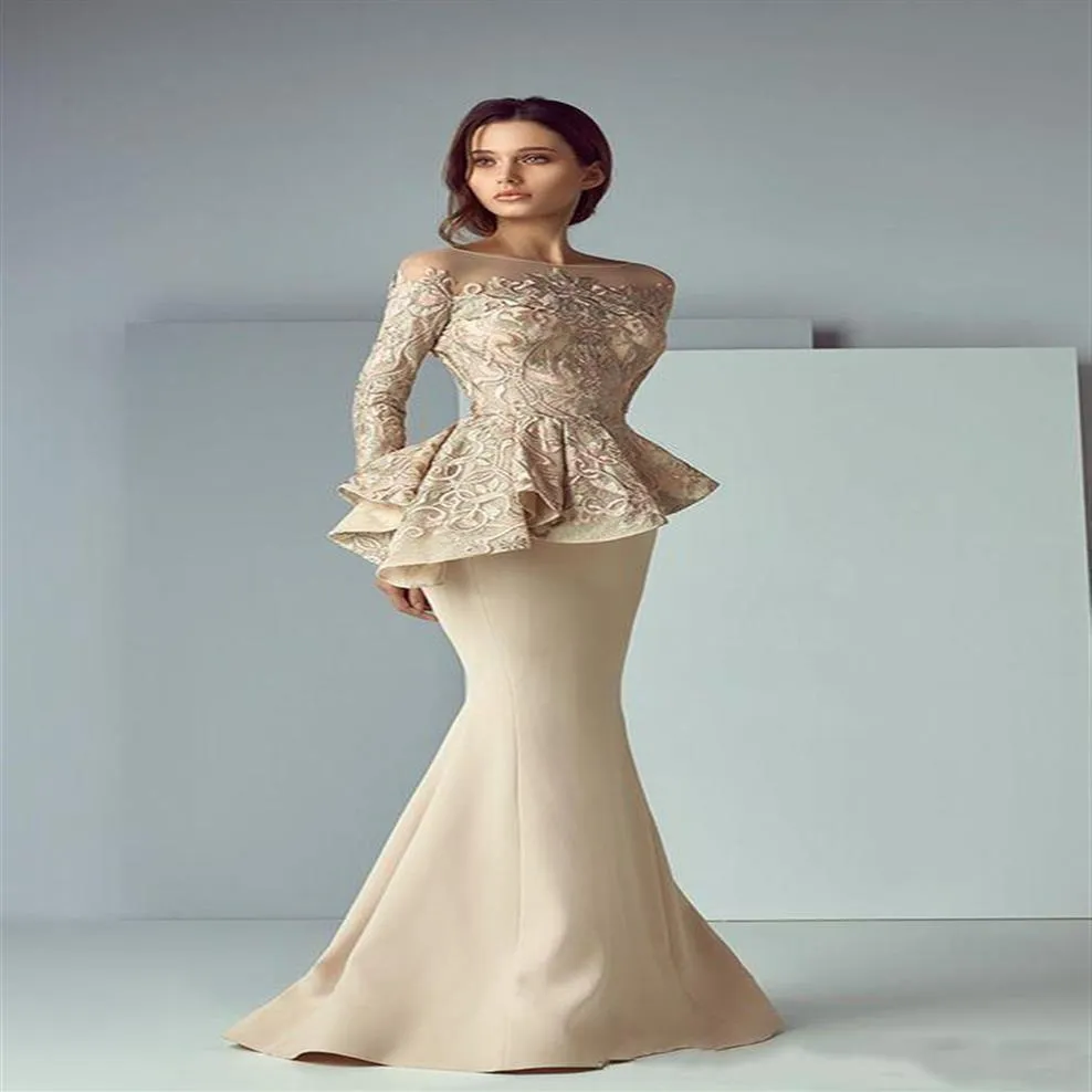 Elegante Champagne Renda Mãe da Noiva Noivo 2019 Novo Design Manga Longa Sereia Vestidos de Convidados de Casamento Vestido de Festa Vestidos de Mãe 197L