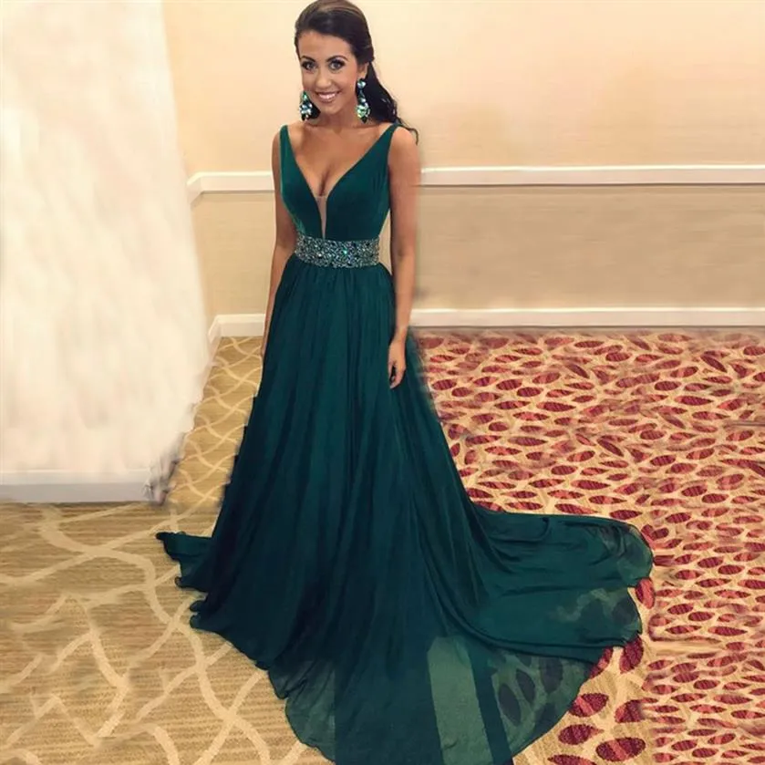 New Arrival Evening Dress Emerald V Formal Vestido Noiva Sereia Prom Party Robe De Soiree Gown Sexy V-neck Chiffon A-line Dress324q