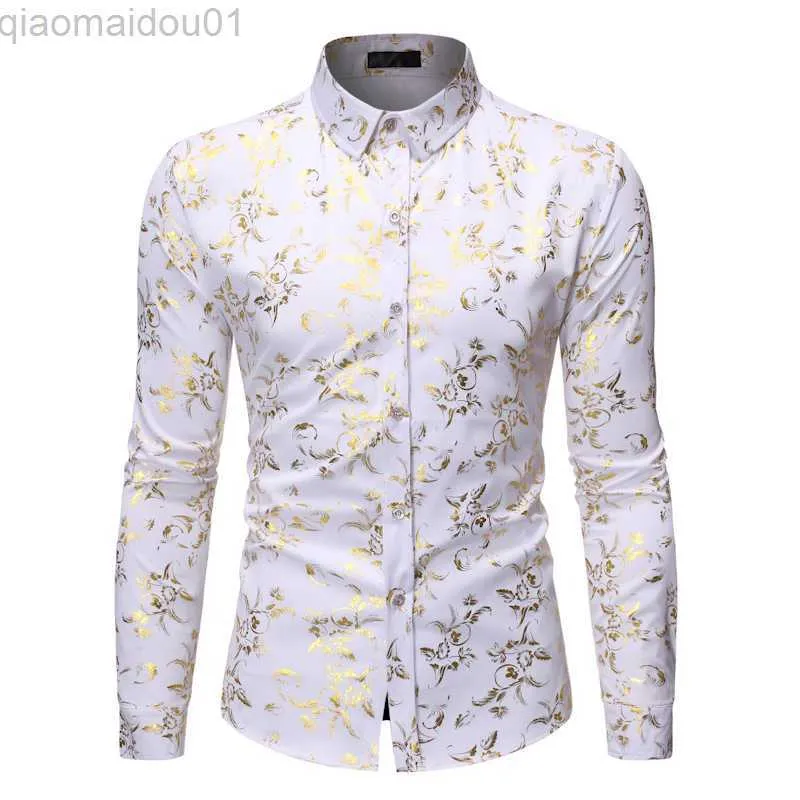 Camisas casuais masculinas Camisa masculina branca 2023 Luxo dourado Estampa floral Camisas masculinas justas Manga comprida Chemise Homme Streetwear Camisa havaiana Homem L230721