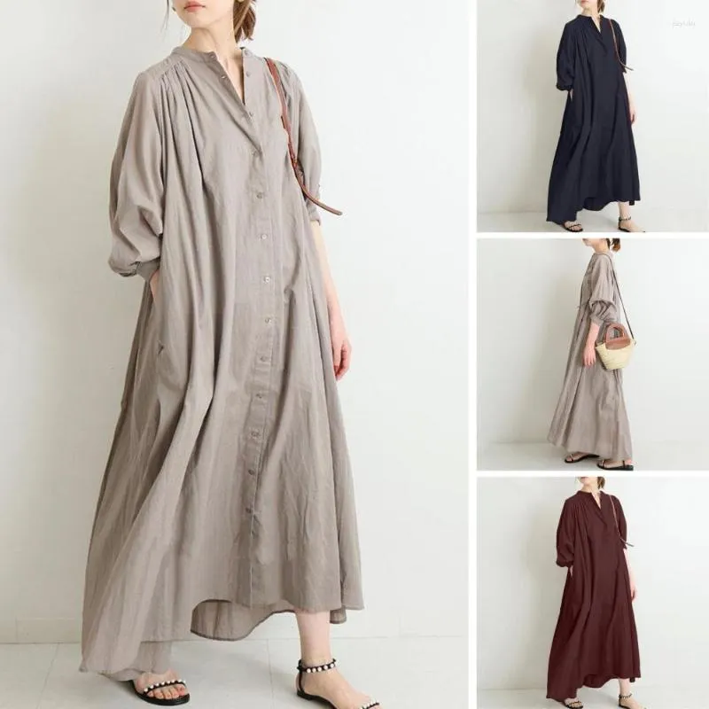 Robes décontractées femmes robe d'été Maxi vêtements à manches longues poche col en v couleur unie simple boutonnage tenue quotidienne Vintage ourlet ample