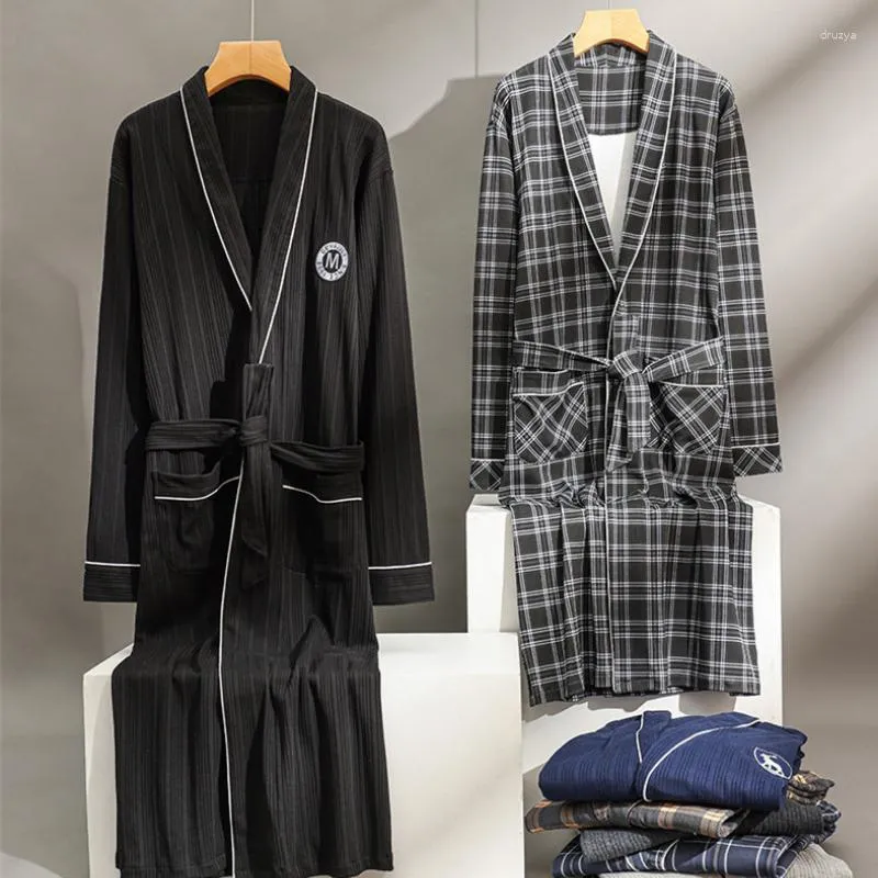 Men's Sleepwear Spring Autumn Plaid Bathrobe Men Sleep Top Kimono Robes For Male Full Pure Cotton Long Bath Robe Bride Dressing Gown M-4XL
