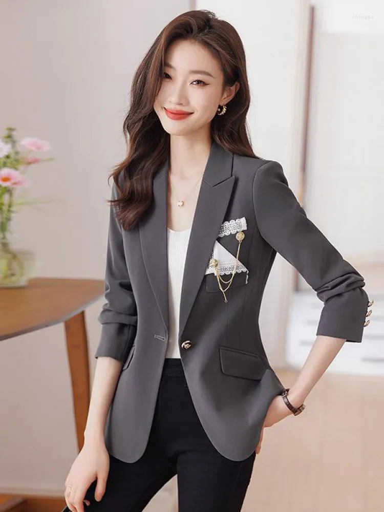 Women's Suits Lace Patchwork Blazer Coat Long Sleeved Grey Jacket Single Button Black Office Fashionable Work Suit Tops Autumn Novelty