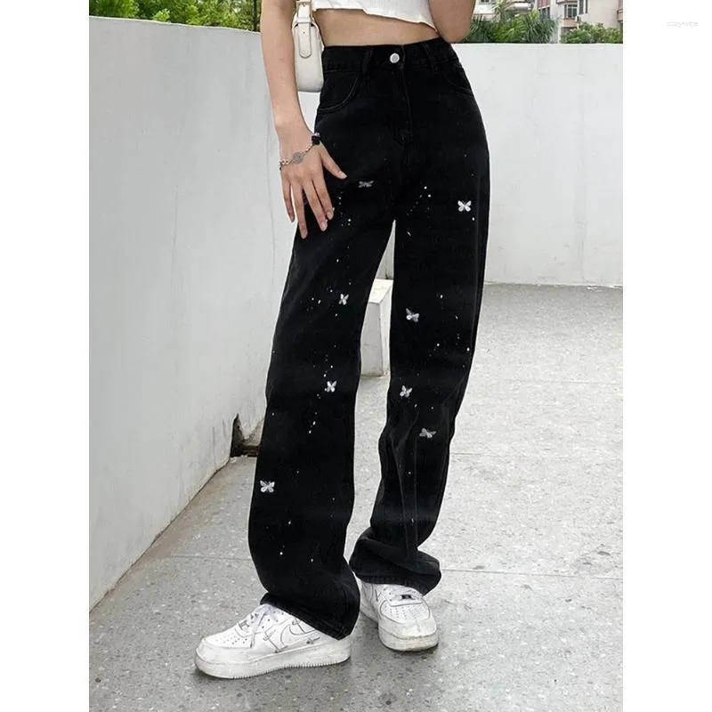 Per donna Jeans Motivo irregolare di ricamo Farfalla Inchiostro Jeans neri Pantalone Vita alta Vintage Moda città Moda Estetico Casual Y2k