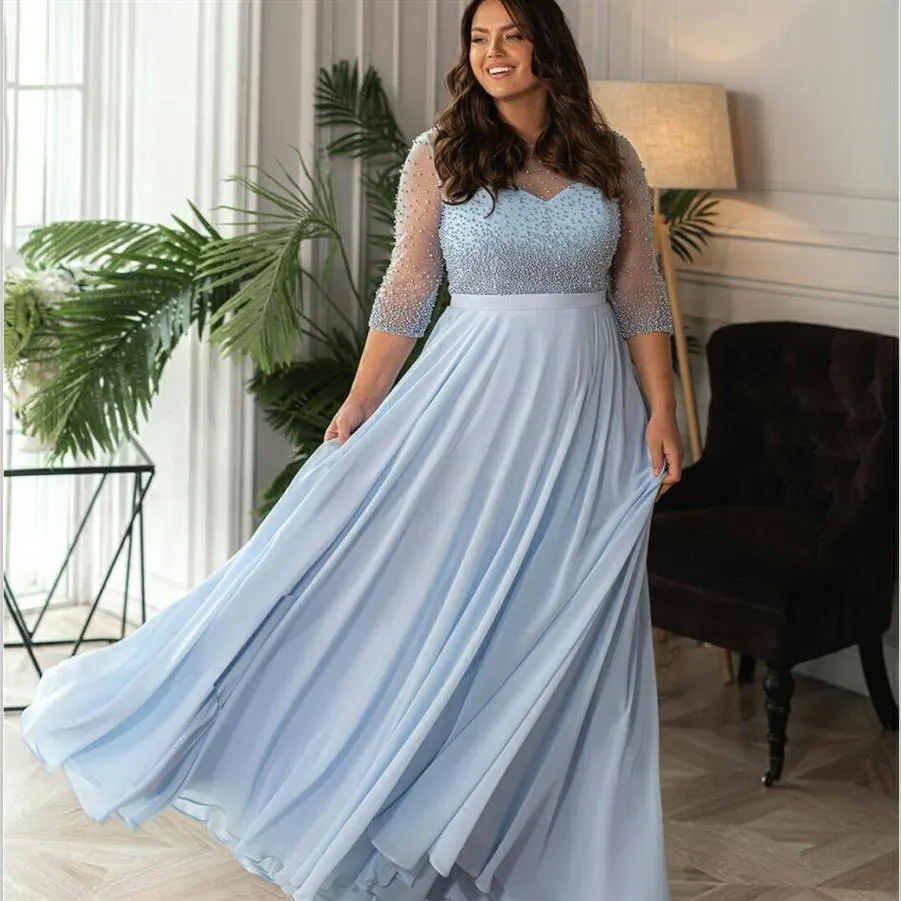 Céu Azul Plus Size Vestidos Mãe Da Noiva Gola Jóia Chiffon 3 4 Mangas Compridas Vestido de Convidado de Casamento Custom Made Vestidos Formais286R