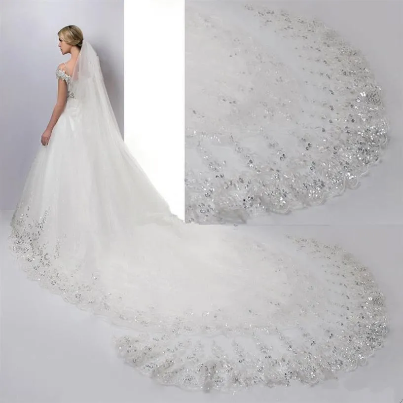 Personalizzato nuovo bianco avorio incredibile pizzo paillettes cristallo velo da sposa cattedrale lunghezza con pettine uno strato veli da sposa lunghezza del pavimento Aro303H