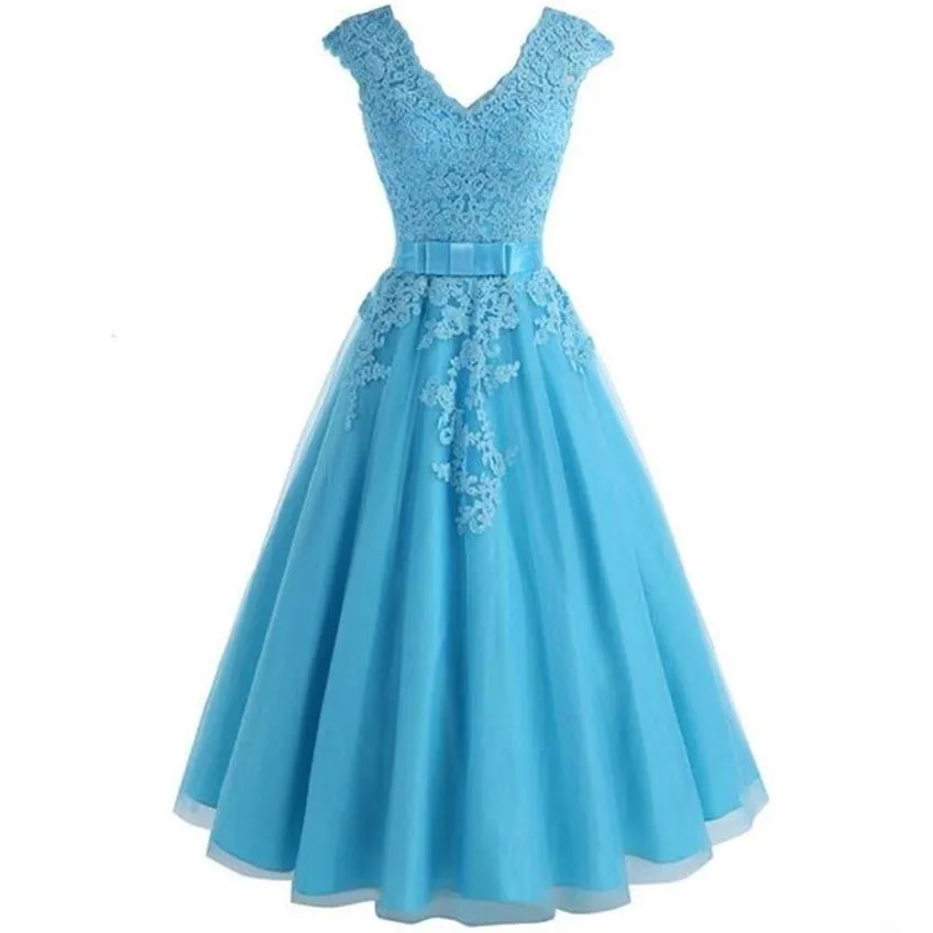 Col en V A-ligne Tulle Robe de demoiselle d'honneur Robe de demoiselle d'honneur longueur thé Robe de soirée Robe corsage plissée Faite sur mesure avec Applique261Q