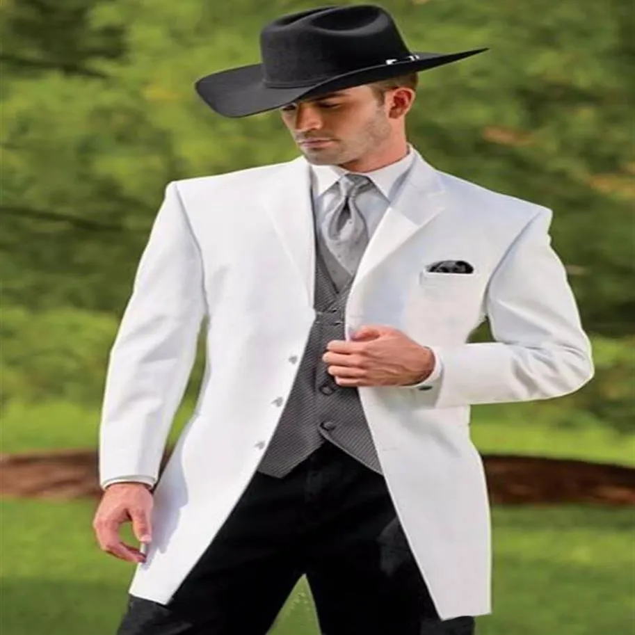 Vit 3 stycken Bomullsbrudgum Tuxedos Cowboy Slim Fit Black Groom Suits Wedding Dinner Suit For Men Wear Prom Suits Jacket Pan2755