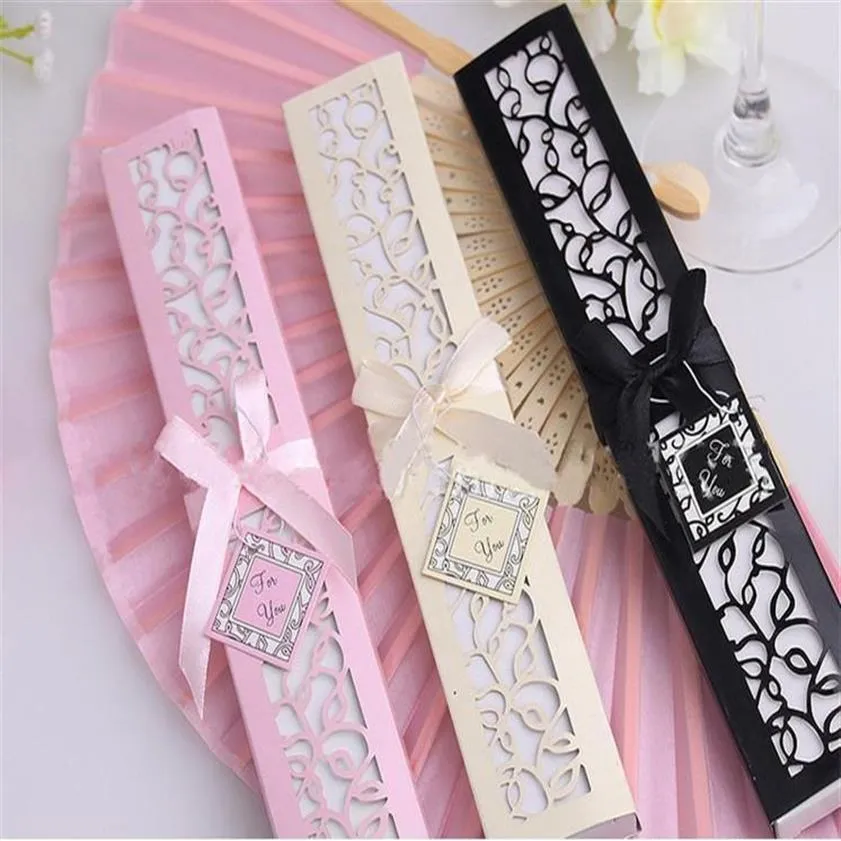 50 pièces mélange entier couleur impression personnalisée graver Logo sur les côtes en bois bambou main soie mariage Fans boîte-cadeau 298G