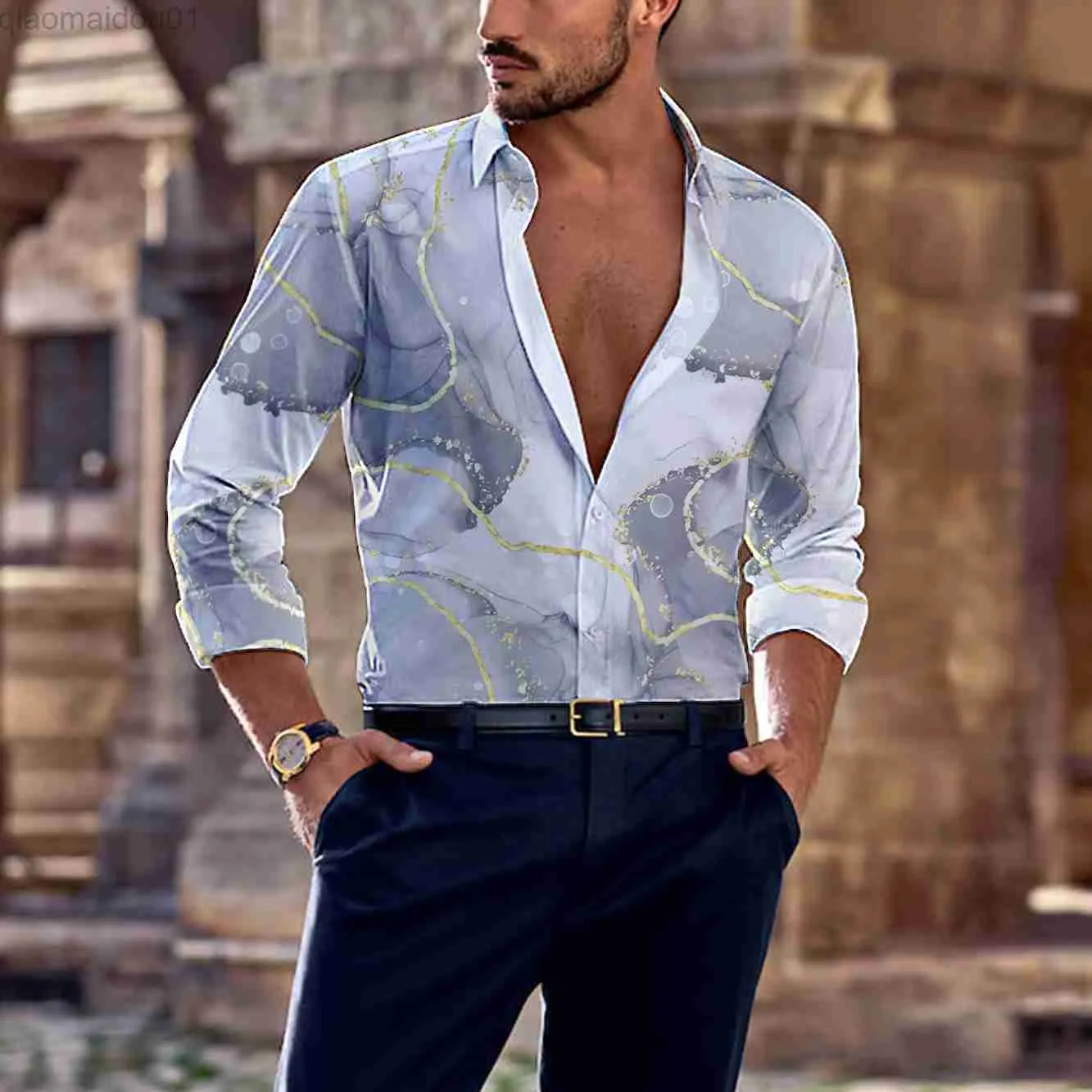 Chemises décontractées pour hommes printemps été à la mode nouvelle chemise à manches longues hawaïenne Harajuku pour hommes HD impression 3D ligne dorée chemise de fête décontractée d'affaires L230721