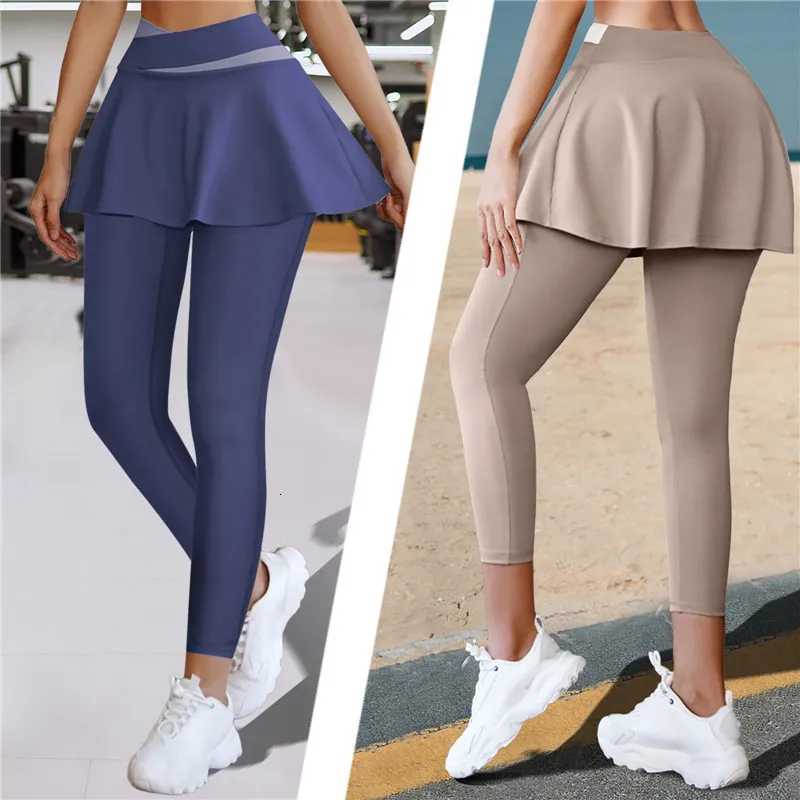 Calça Feminina Capris Legging Feminina Secagem Rápida Esporte Yoga Com Saia FalseTwoPiece Legging Esporte Nude Feel Crossover Cintura Alta Legging Apertada 230720