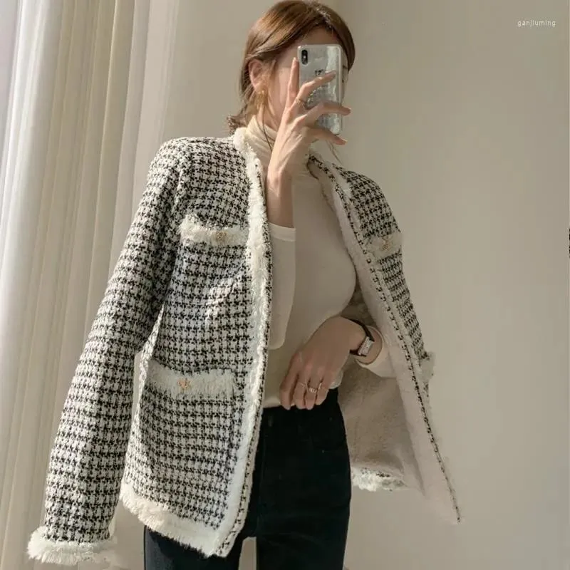 Kadın Ceketleri Sonbahar Kış Kırktı Kadınlar Vintage Houndstooth Tweed Tweed Sıcak Out Giyim Kuzu Patchwork Patchwork Patsel Zarif Lady Cardigan Ceket