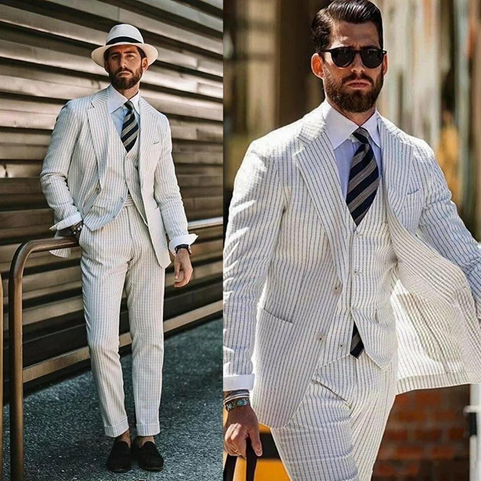 Mais recente design de dois botões branco tiras noivo smoking entalhe lapela casamento baile de formatura jantar padrinhos homens ternos blazer jaqueta calças colete269n