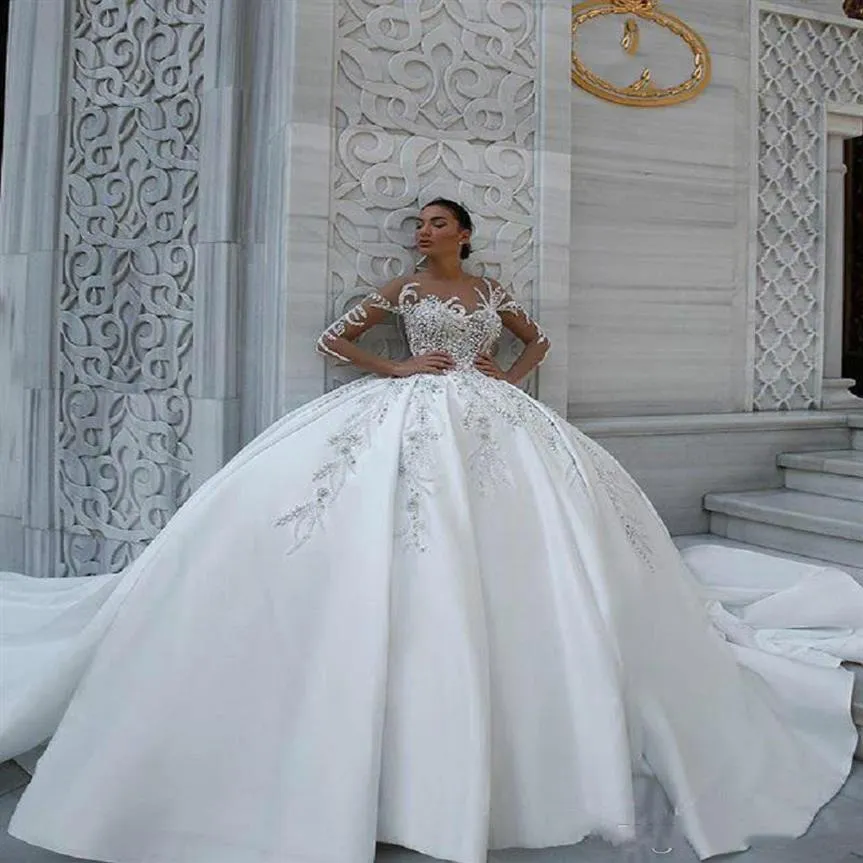 2022 Plus Size Arabic Aso Ebi Роскошное кружевное свадебное платье с длинными рукавами Сексуальные свадебные платья ZJ6302016