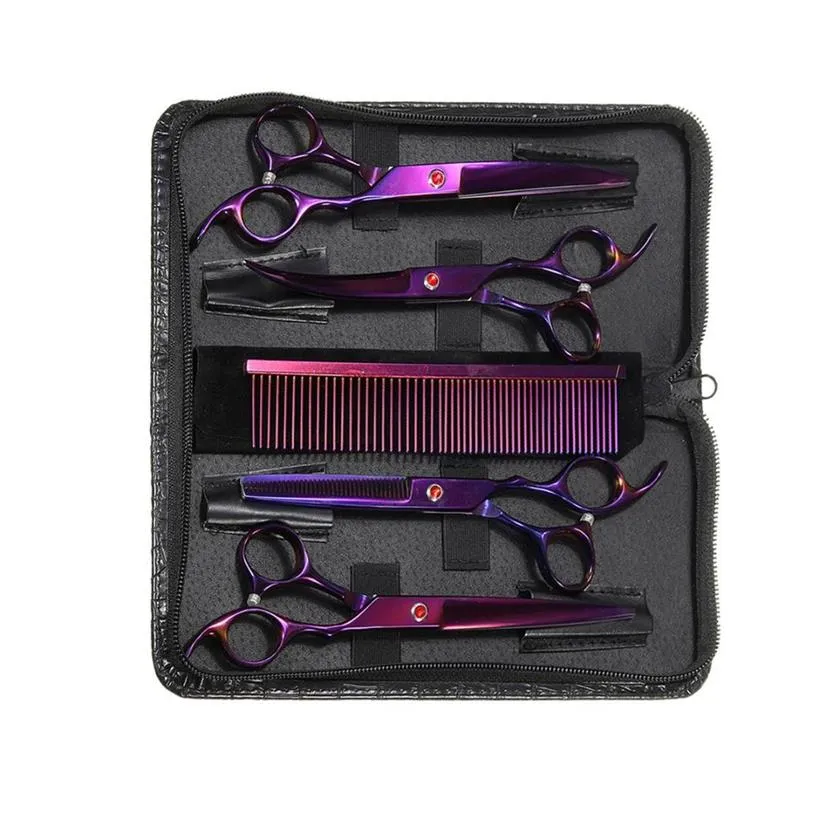 7 Purple Professional 6PCS Pet Grooming Forbici Cesoie Kit Cane Capelli Curvo Trimmer Pet Parrucchiere Accessori di bellezza270h