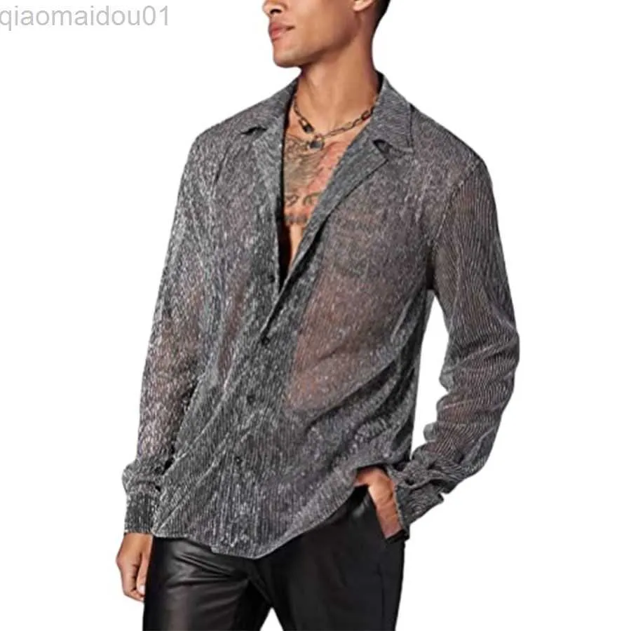 Chemises décontractées pour hommes Hommes Sexy Sheer Mesh Voir à travers des chemises Brillant Glitter Button Up Shirt Hommes Party Discothèque Scène Chanteur Vêtements Chemise Homme L230721