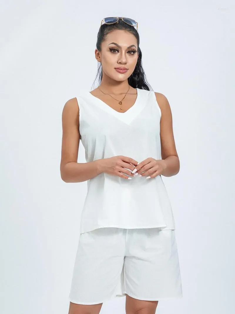 Survêtements pour femmes Femmes S 2 pièces pyjama confortable ensemble sans manches col en V débardeur et short élastique couleur unie vêtements de nuit salon pour se détendre