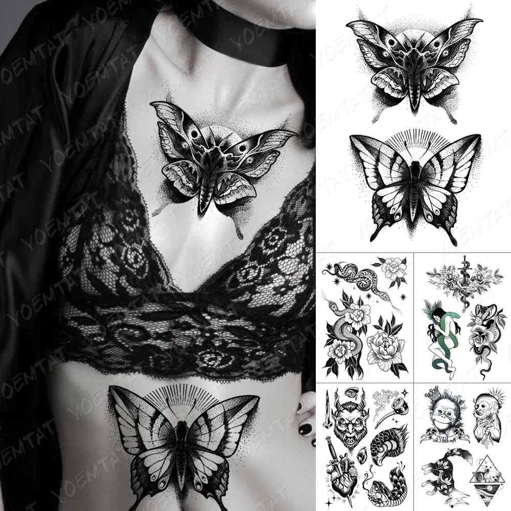 Vattentät tillfällig tatuering klistermärke Dark Old School Moth Farterfly Flash Tattoos Snake Rose Body Art Arm Fake Tatoo Women Män