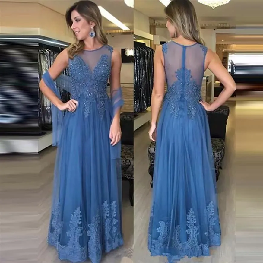 Élégant robe de soirée bleu clair Une ligne scoop appliques de cou cristalbe robe de mère formelle sans manches longues