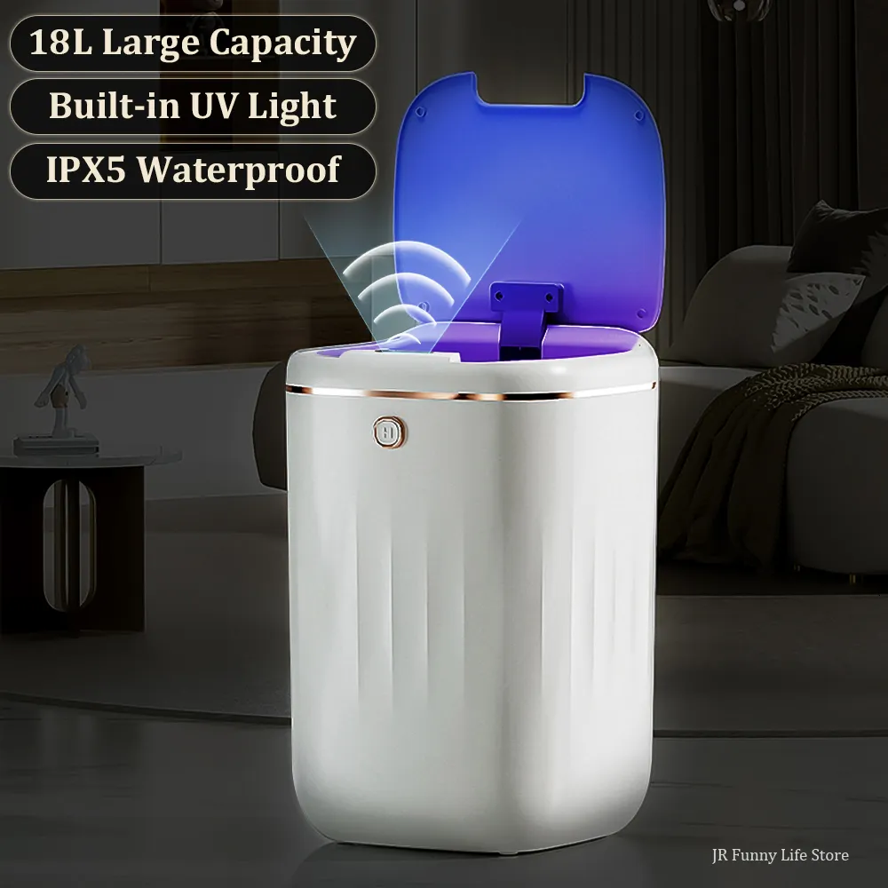 Avfallsfack 18L Automatisk sensor Trash Can med UV -ljus laddningsbar smart soptunna för badrums toalettavfall med lock hem 230721