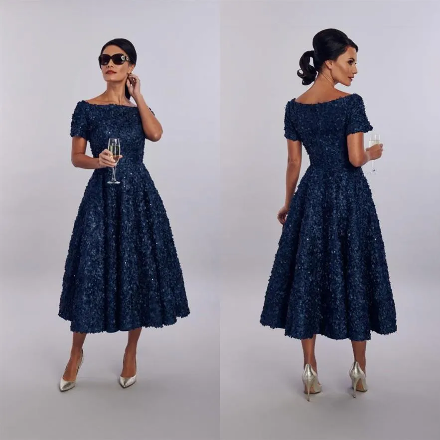 Elegent House Of Mooshki Kleid für die Brautmutter, kurzärmlig, mit Kristallapplikation, gerüscht, für Hochzeitsgäste, Tee-Länge, Abendkleid Go228W