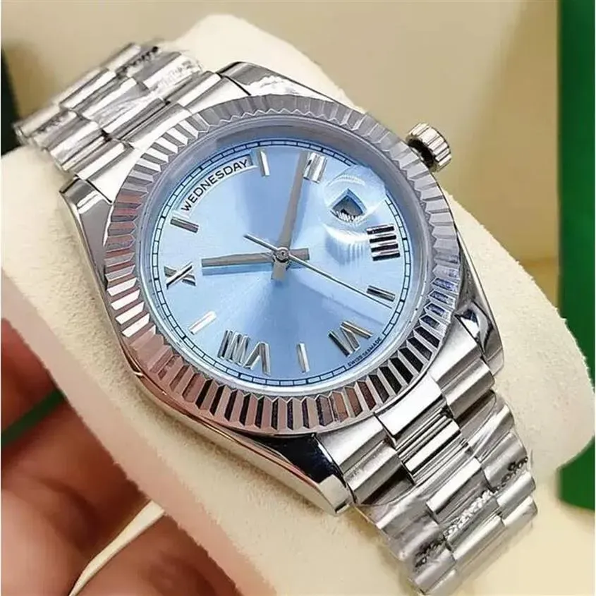 2 스타일 남성용 자동 시계 패션 클래식 로마 아이스 블루 페이스 41mm 다이아몬드 베젤 스테인리스 스틸 폴드 버클203E