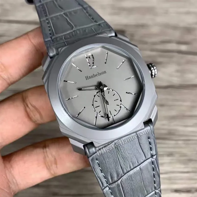 Mens watches Octagonal Grey face casual Titanium case Quartz movement Leather strap 41mm Wristwatches montre de luxe216V