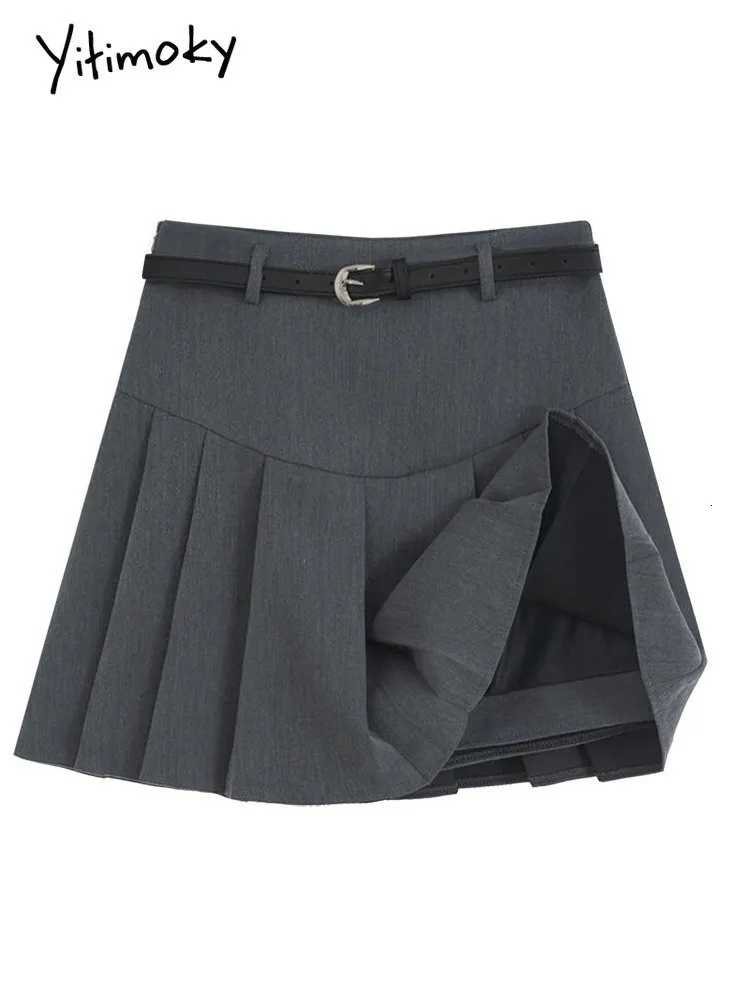 Röcke Yitimoky Chic Plissee für Frauen Hohe Taille Grau Schwarz Fashion Solid Mini Sommer 2023 A-Linie Rock mit Gürtel 230720