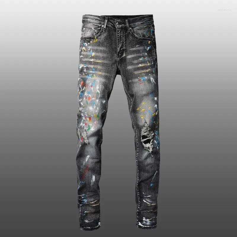 Calça Jeans Masculina Marca AM Antiga Lavagem à Água Calça Jean Skinny Remendo Retrô Splash Tinta Motociclista Streetwear Calça Jeans Rasgada