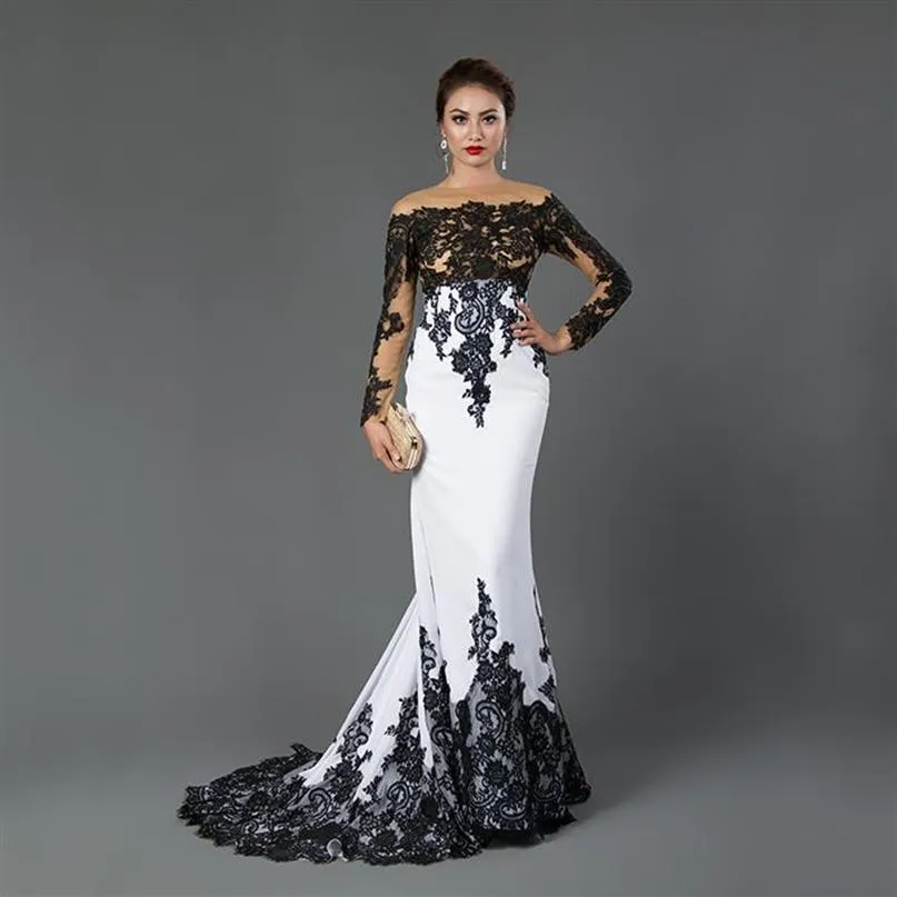 White and Black Mermaid Evening Dresses 2020 New Selling Custom Applique Off-the-shoulder Long Sleeve Lace Formal Prom Party G183S