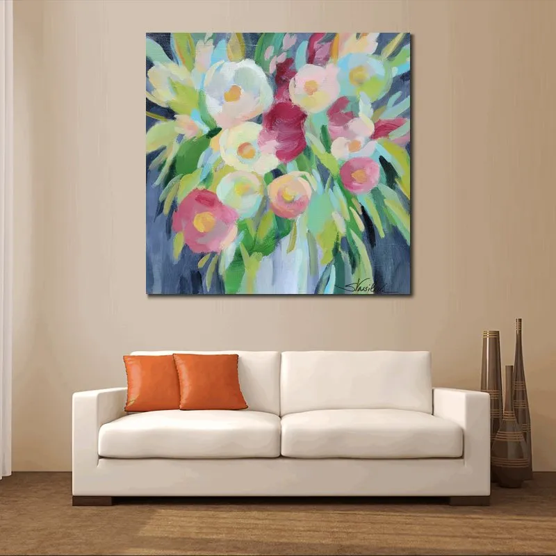 Paesaggio astratto su tela Fiori primaverili in un vaso Ii Pittura a olio Opera d'arte impressionista fatta a mano