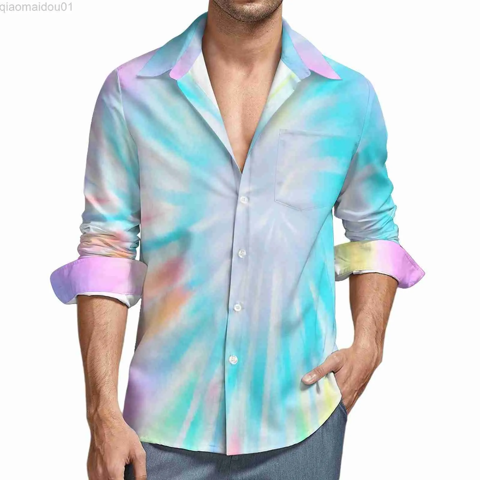 Camicie casual da uomo Camicie casual tie-dye pastello Camicia uomo con stampa arcobaleno Manica lunga Camicette vintage Y2K Abiti primaverili Plus Size 3XL 4XL L230721