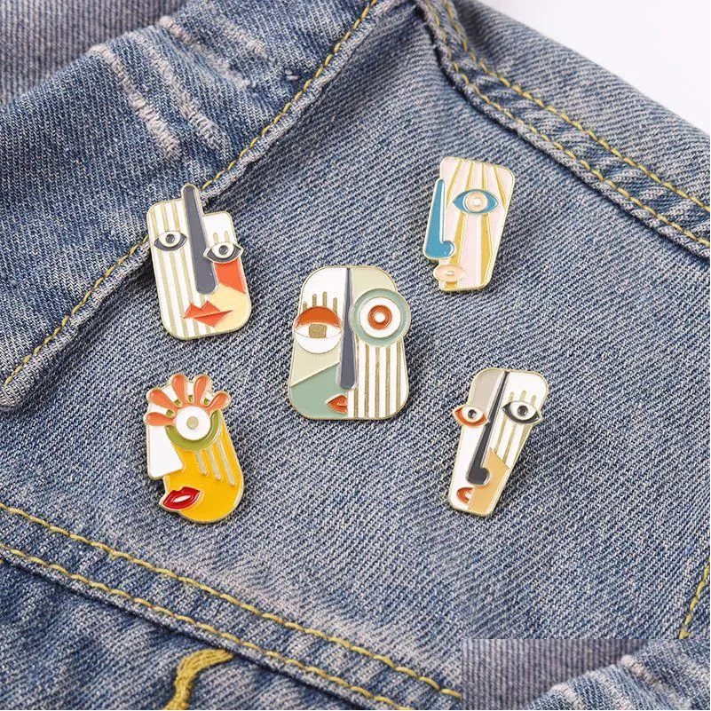 Broches Broches Abstrait Visage Émail Pins Moderne Géométrique Portrait Art Métal Animal Badges Pin Up Cadeau Pour Hommes Femmes Accessoires Dro Dhch3