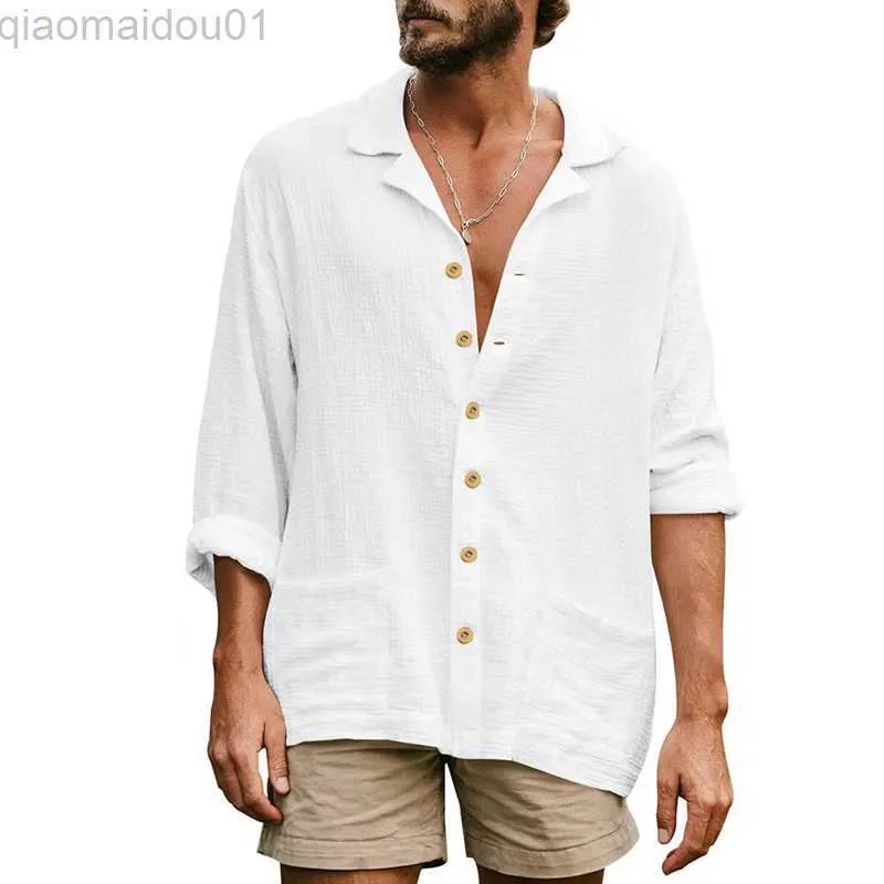 Мужские повседневные рубашки летние мужская льняная рубашка с длинным рукавом тонкая сплошная крутая одежда свободная гавайская корейская модная уличная платье Новый мужской стирт L230721