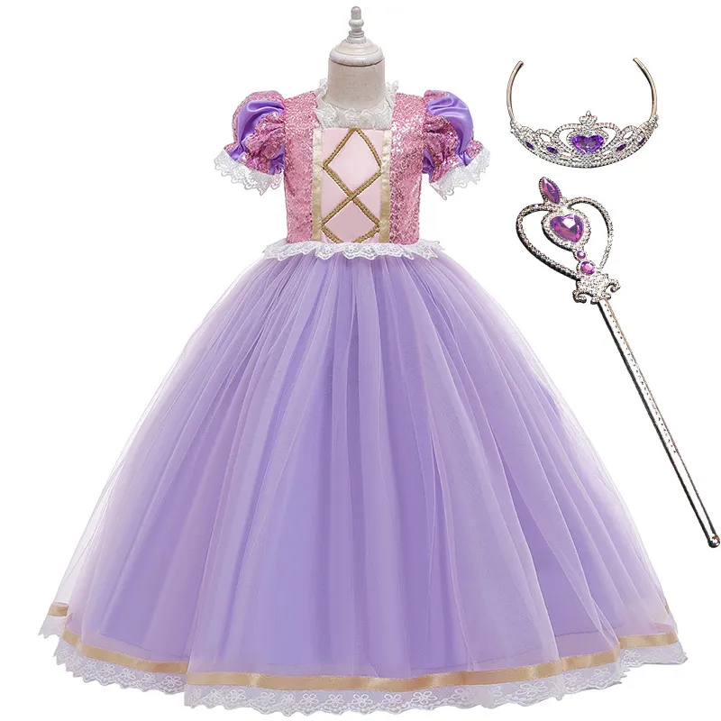 Vestido de princesa para meninas, fantasia de cosplay para crianças, vestido de festa de aniversário para meninas, conjunto de vestido de rapunzel de natal