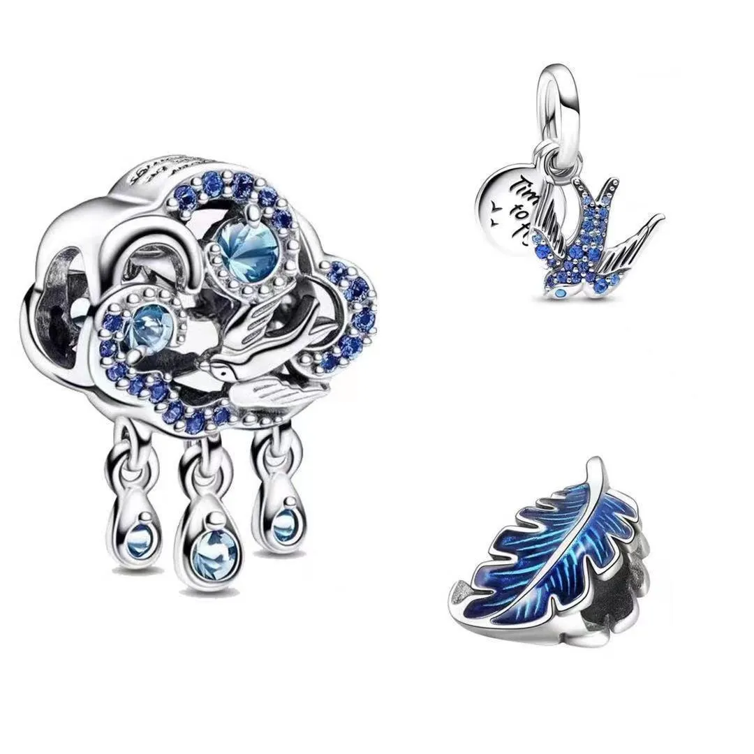 Passar Pandora Armband 20st Shining Blue Swallow Spring Charms Pärlor Silver Charms Pärl för kvinnor DIY Europeiska halsbandsmycken