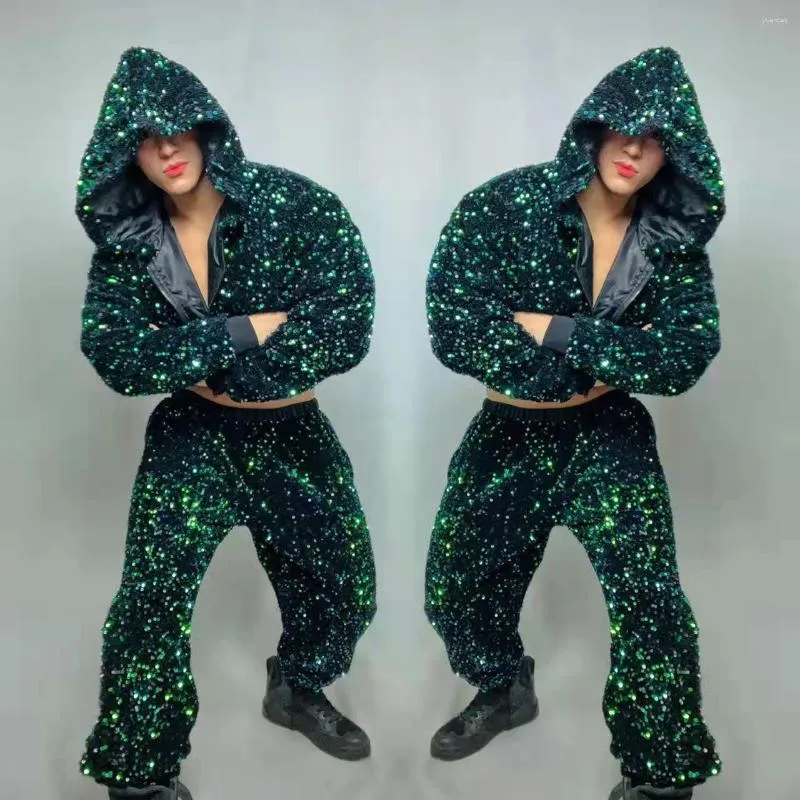 Tute da uomo Maschile Rosso Verde Paillettes Abbigliamento da ballo Hip Hop Discoteca Bar Ballerino Performance Costume Glitter Giacca corta con cappuccio Pantaloni