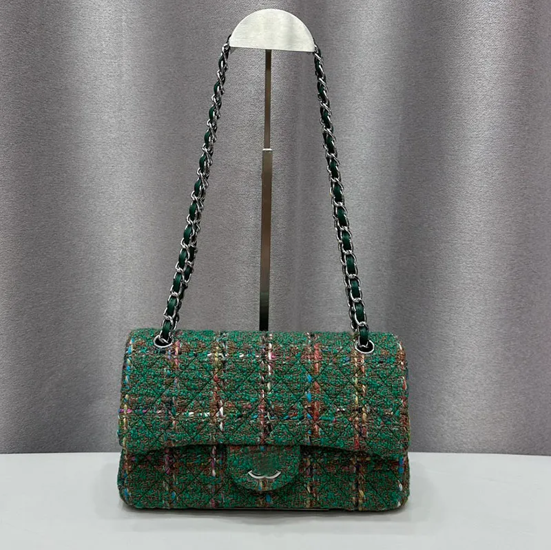 Sticking Wool Tweed Designer Green Classic Double Flap Bag Gold/Silver Metal Hardware Matelasse Chain Women Crossbody Shoulder Handbag Fashion Purse Tote 20/25cm