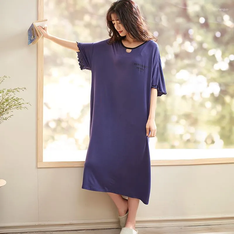 Roupa de dormir feminina verão modal algodão longo vestido de noite feminino manga curta plus size camisolas coreanas letras roxas camisolas femininas